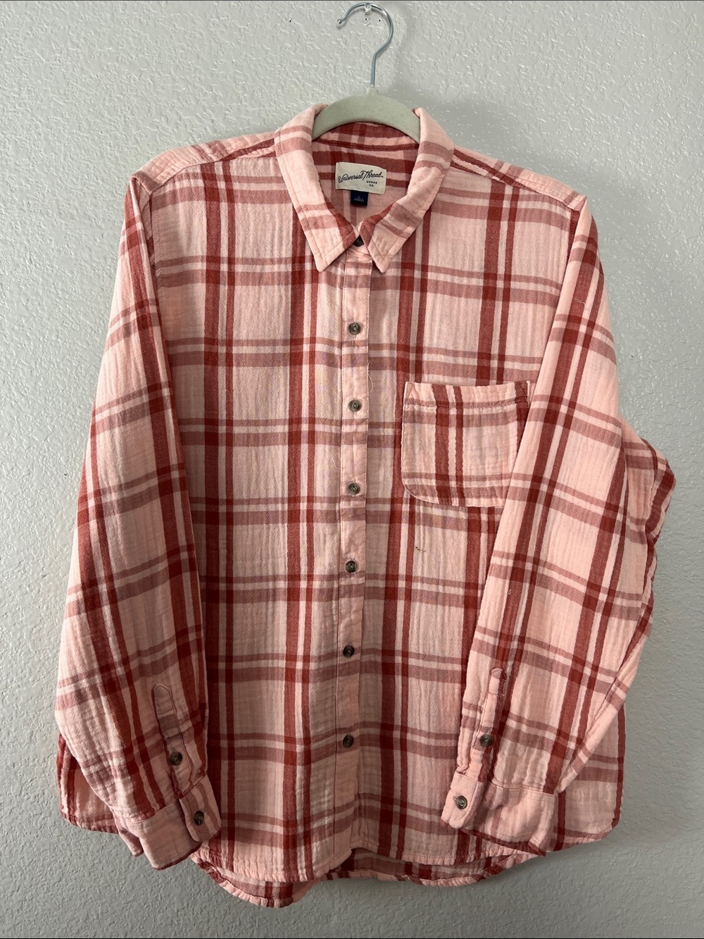 Universal Thread Pink Burgundy Plaid Button-Down Cotton Shirt Sz L Casual Chic